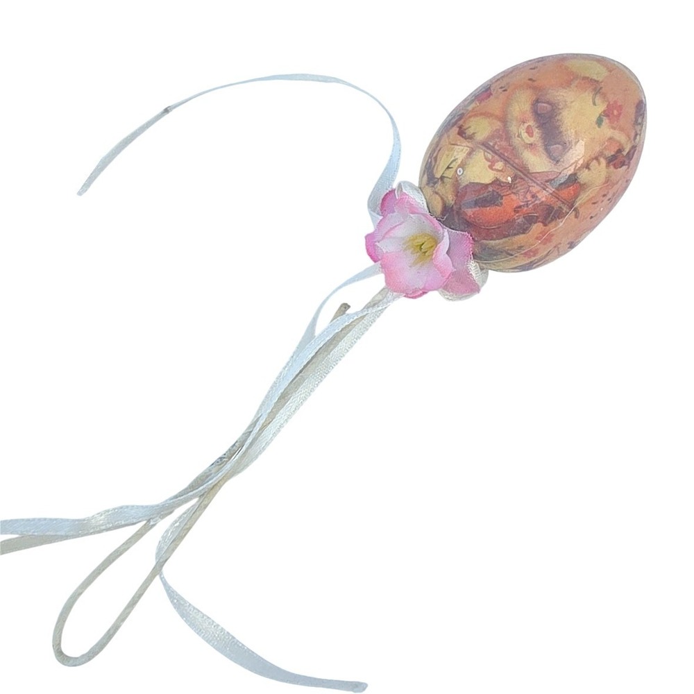 Vintage Style Decoupage Easter Egg Ornament Bunny Rabbit Ribbon Floral Accent